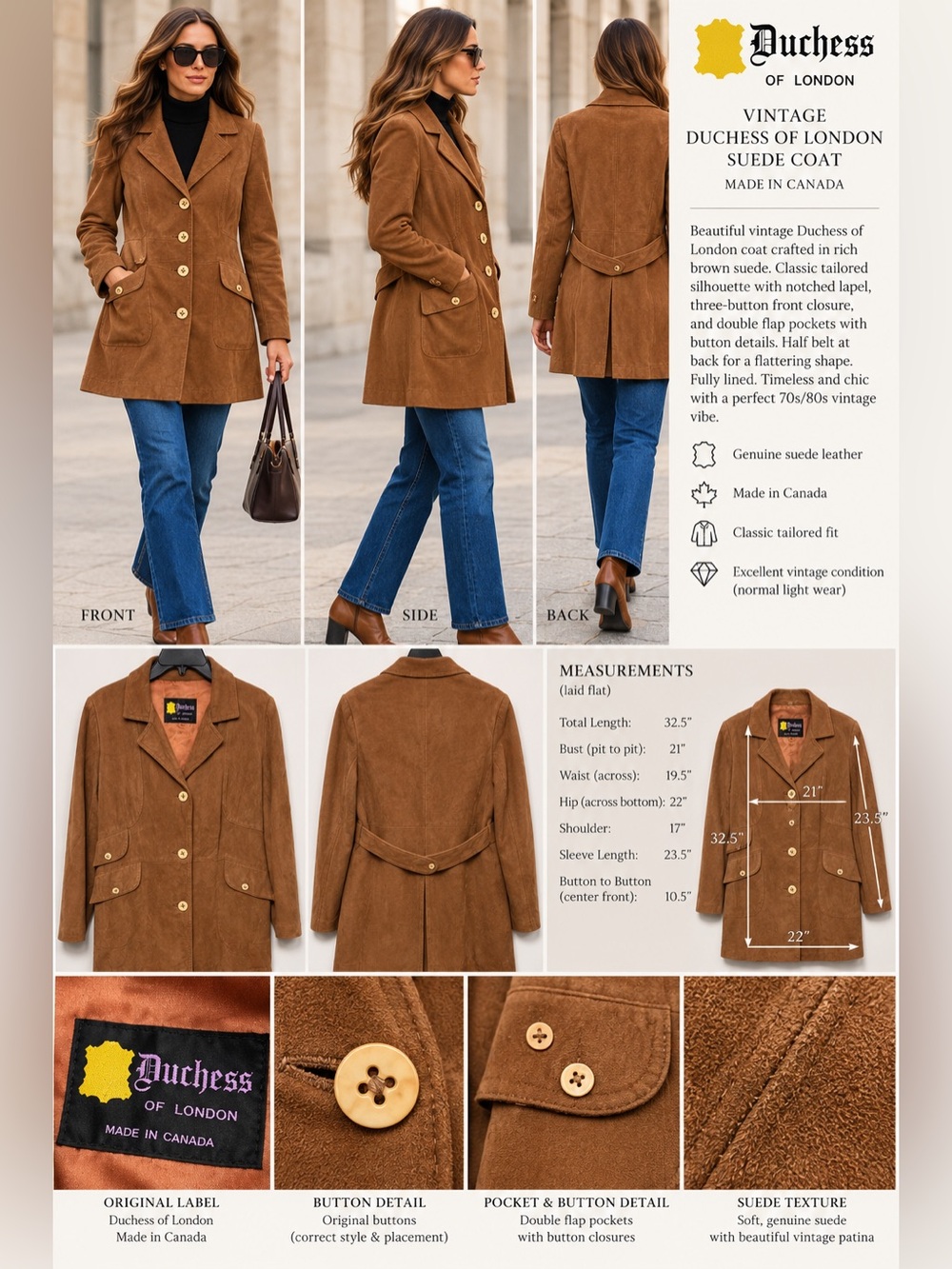 Duchess of London vintage brown suede leather coat made in Canada size 8